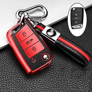 Imagem de YJADHU Capa de chave de carro de grão masculino e feminino de couro TPU, apto para Volkswagen VW Golf 7 mk7 Seat Ibiza Leon FR 2 Altea Aztec Skoda Octavia A7, B, chaveiro vermelho