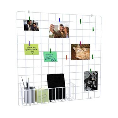 Imagem de Memory Board Painel de Fotos Tela Aramada 60x60 Branco + Cesto N34 Prendedores e Clipes