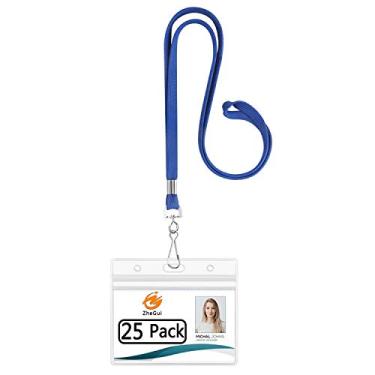 Imagem de Talabartes com suporte de identificação Suporte de crachá horizontal de plástico transparente e cordão de pescoço plano Porta-cartões de identificação de PVC à prova d'água da ZHEGUI (Royal Blue, 25Pack)