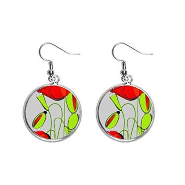 Imagem de Brinco feminino com flores vermelhas e botões verdes abstratos de milho papoula pendurado prata