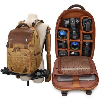 Imagem de Fotografia impermeável mochila de couro retro com porta USB  câmera masculina saco  mala de viagem