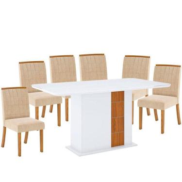 Imagem de Mesa de Jantar Jein 160 cm Tampo Arredondado com Vidro Branco HP Nature Flex e 6 Cadeiras Méri Linho - Henn