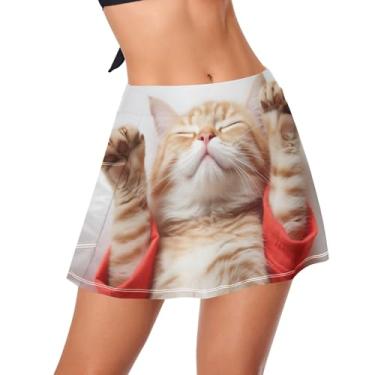 Imagem de CHIFIGNO Saia de natação feminina, roupa de banho atlética, cintura alta, saia com bolso lateral, Gato com braços levantados, P