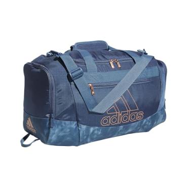 Imagem de adidas Bolsa esportiva média Defender 4, Tinta pré-amada azul/pedra lavada pré-amada azul/ouro rosa, Small (38L), Bolsa esportiva unissex Defender 4.0 para homens e mulheres