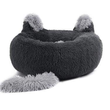 Imagem de Cama de gato para gatos internos, camas de cachorro para cães pequenos, cama de gato calmante redonda lavável, design de orelha de desenho animado, cama de animal (Color : Dark Gray, Size : M)
