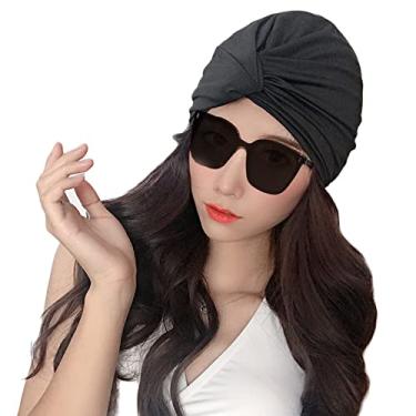 Imagem de Lopsity Touca de natação feminina turbante cabelo longo curto plissado gorro de natação macio para mulheres meninas (preto)