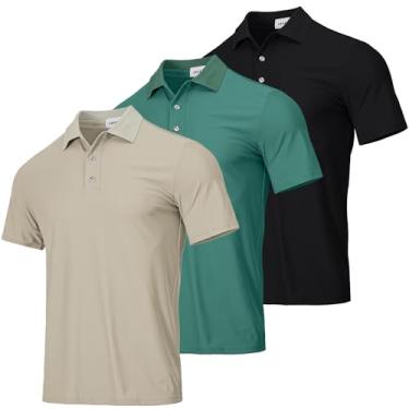 Imagem de ATOFY Pacote com 3 camisetas polo de golfe masculinas, manga curta, secagem rápida, desempenho e absorção de umidade, Preto + verde + cáqui claro, P