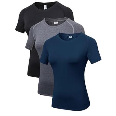 Imagem de Camiseta feminina fitness casual atlética corrida treino ioga secagem rápida pacote com 3, Pacote com 3 - preto, cinza, azul marinho, M