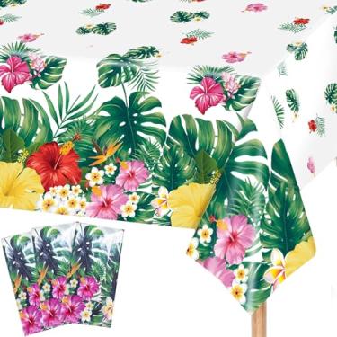 Imagem de WISHTA Toalhas de mesa havaianas com folhas de palmeira tropicais, toalha de mesa retangular de plástico descartável, aloha, verão, praia, piscina, crianças, toalha de mesa de aniversário, suprimentos