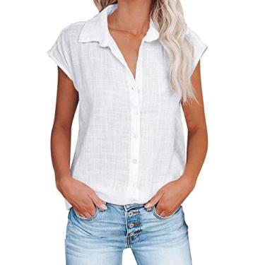 Imagem de Camisetas femininas de verão 2024 para mulheres modernas de verão algodão linho manga curta blusa casual com colarinho e botão, Ofertas relâmpago branco, 3G