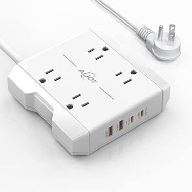 Imagem de Faixa de energia para viagem com USB C, Cabo de extensão Aijoy 5 pés com 4 saídas amplamente espaçadas, 2 portas USB, 2 portas PD (20W), plugue plano de tira de alimentação pequena para casa, escritório e cruzeiro, branco