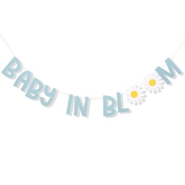 Imagem de Sinais de banner Baby in Bloom - Decorações de chá de bebê, banner de festa revelador de gênero de bebê, decoração retrô de chá de bebê, adereços de fundo de foto de bebê em flor (banner azul para