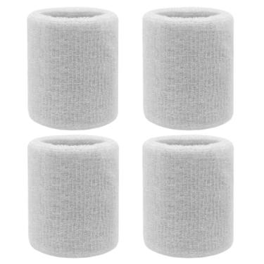 Imagem de Pacote com 4 faixas de suor de 7,6 cm de pulso de tênis absorventes para homens e mulheres - pulseiras elásticas atléticas para tênis, basquete, corrida, malhação (branca)
