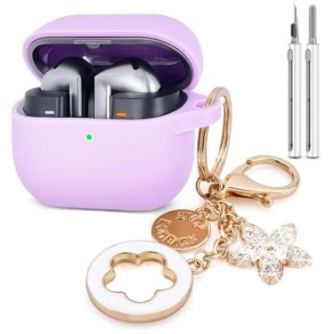 Imagem de Koujaon Capa compatível com Samsung Galaxy Buds 3/Galaxy Buds 3 Pro, capa de silicone para Galaxy Buds 3 Pro, Galaxy Buds 3, capa protetora com chaveiro brilhante para mulheres/meninas (roxo claro)