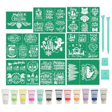 Imagem de 25 peças de estênceis de tela de seda Feliz Natal, giz e transferências, estêncil autoadesivo de inverno, reutilizável para pintura em madeira, tecido, casa, giz, conjunto de mini rodos