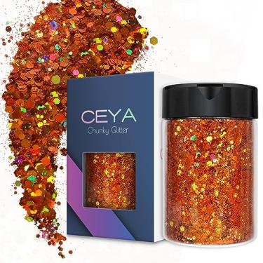 Imagem de Ceya Glitter grosso holográfico, 100 g de pó de glitter laranja para artesanato misto de flocos grossos e finos, lantejoulas iridescentes para arte de unhas, cabelo, resina epóxi, copos, geleca, pintura, decoração de festivais