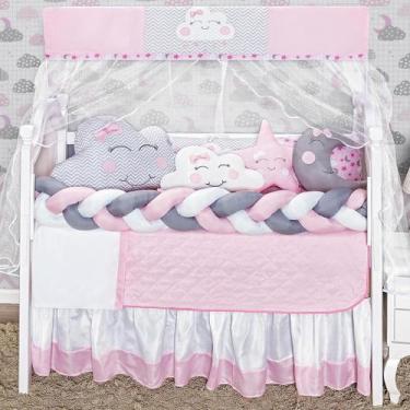Imagem de Kit Berço Nuvem Rosa Feminino Com Trança E Lateral 12 Peças - Beatriz 
