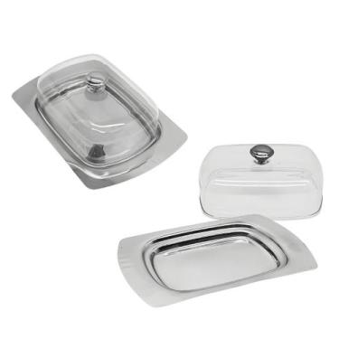 Imagem de Kit 2 Manteigueira Porta Manteiga Aço Inox Com Tampa Acrílica Retangul