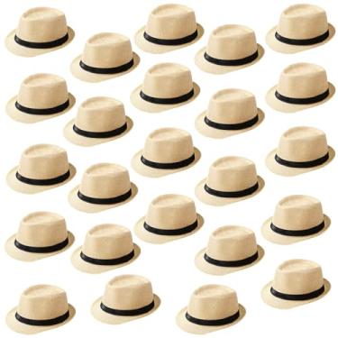 Imagem de Lasnten 24 peças chapéu estilo Fedora a granel masculino 1920 gangster aba curta panamá boné feminino festa fantasia, circunferência 60 cm, Bege, tamanho �nico