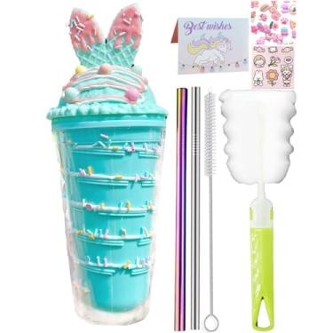 Imagem de seelucky Copo de viagem de unicórnio com canudo e chocolate, copo para beber gelo, leite, café, caneca de plástico para piquenique, festa, presente de aniversário (coelho de sorvete azul 8, 450 ml)