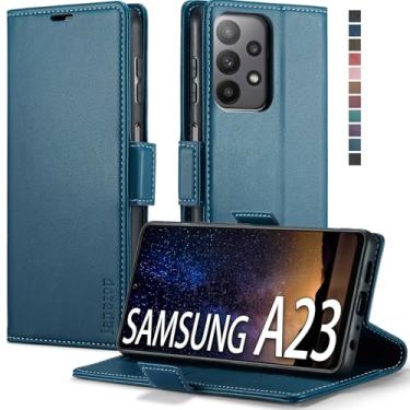 Imagem de Capa carteira flip de couro para Samsung Galaxy A23 5G com suporte para cartão, suporte, bloqueio de RFID - azul moderno