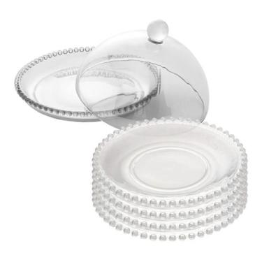 Imagem de Queijeira Porta Queijo Frios + 4 Pratos Sobremesa Vidro 20cm - Wolff, 