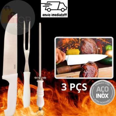 Imagem de Kit Para Churrasco 3 Pçs Faca Chaira Amolador e Garfo Trinchante - SQ