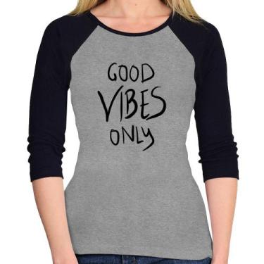 Imagem de Baby Look Raglan Good Vibes Only Manga 3/4 - Foca na Moda, Cinza, Pret