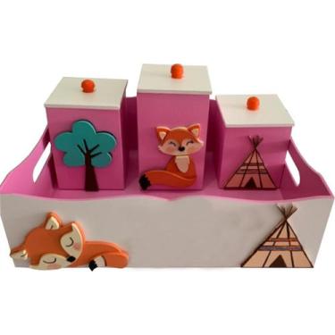 Imagem de Kit Higiene Bebê MDF 4 Peças Cesta Organizadora Raposinha Rosa - Canaã