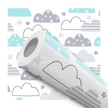 Imagem de Papel de Parede Adesivo Nuvem Cinza Azul Céu Estrela Infantil Bebê Mod
