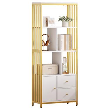 Imagem de Gyabnw Estante de livros, estante aberta de 4 níveis, de chão, estante de metal com gaveta de armazenamento e prateleira aberta, branco/dourado