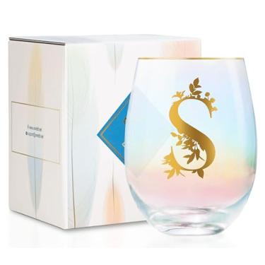 Imagem de Onebttl Presentes de vinho personalizados para mulheres, taça de vinho sem haste fofa com iniciais, presentes de monograma para amantes de vinho em aniversários de Natal, P