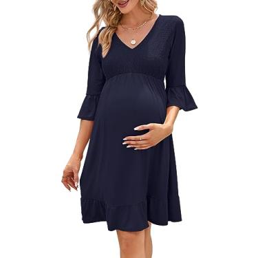 Imagem de FUNJULY Vestido de maternidade feminino casual decote coração plissado vestido evasê estampado formal rodado mini vestidos curtos, 2,5 m - azul-marinho, G