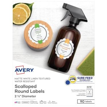 Imagem de Avery Etiquetas redondas de 6,3 cm da Scallop com Sure Feed para impressoras a laser e jato de tinta, 90 etiquetas brancas (8218)