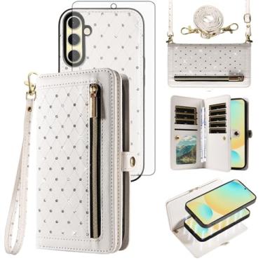 Imagem de Asuwish Capa de celular para Samsung Galaxy S24 FE 5G Carteira com zíper destacável com protetor de tela de vidro temperado alça transversal Bling Flip porta-cartão de crédito S 24 EF S24FE 24S