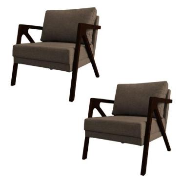 Imagem de Kit 2 Poltronas Mona Monique Luxo Base Madeira Maciça Castanho Linho M