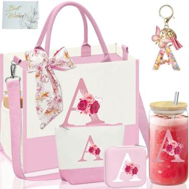 Imagem de AiHeart Sacola de lona inicial, presentes de aniversário para mulheres, presentes com monograma para mulheres, copo de vidro inicial, presentes personalizados para mulheres, bolsa de maquiagem