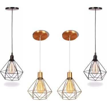 Imagem de Luminárias de Teto Lustre Modelo Diamante Luxo Pendentes Dourado & Preto Kit C/4