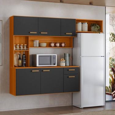 Imagem de Cozinha Compacta Suspensa Manu 6 Portas 1 Gaveta e Nichos Freijó UV/Grafite Acetinado Poliman