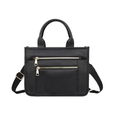 Imagem de WJCD Bolsa feminina elegante de couro vegano, bolsa de mão para mulheres, xadrez, listrada, alça ajustável, durável, leve, Preto