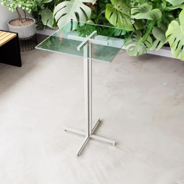 Imagem de Mesa Alta Bar Bistrô Quadrada 100x50cm Branca Tampo Vidro Industrial