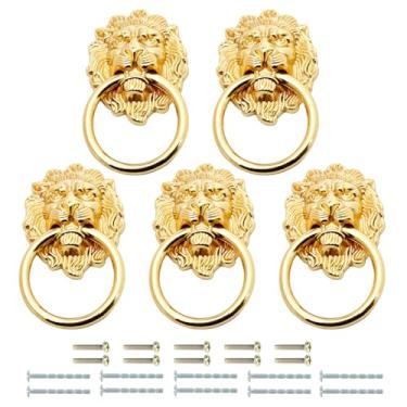 Imagem de Mgoodoo 5 peças de anel de gaveta puxa cabeça de leão, puxadores de armário dourados antigos de 50 x 90 mm para cômoda, móveis, armário, armário, mesa de cabeceira, guarda-roupa, ferragens de cozinha