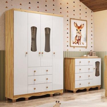 Imagem de Quarto Infantil com Guarda-Roupa 4 Portas e Cômoda com Janelas 100% MDF Lana Espresso Móveis Branco Brilho/Amêndoa