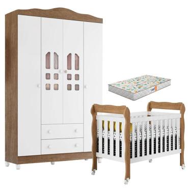Imagem de Berço Americano Lila e Guarda Roupa Infantil New Selena 4 Portas Branco Acetinado Amadeirado com Colchão Gazin – Carolina Móveis