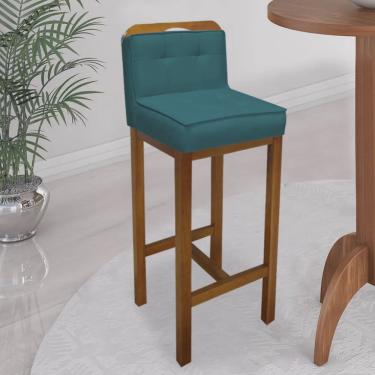 Imagem de Banqueta Alta Com Encosto Agnes Cozinha Balcão Bistrô Base Madeira Carvalho Suede Azul Turquesa- Ahz Móveis