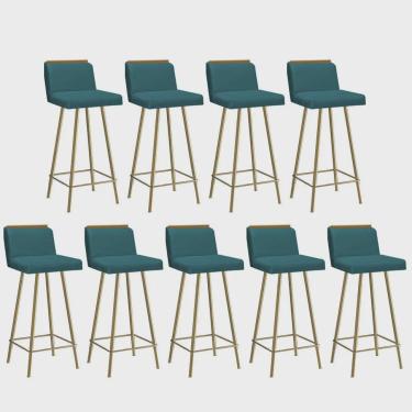 Imagem de Kit 09 Banquetas Com Encosto Menne Eiffel Bistrô Cozinha Aplique Ferro Dourado Suede Azul Turquesa - Ahz Móveis