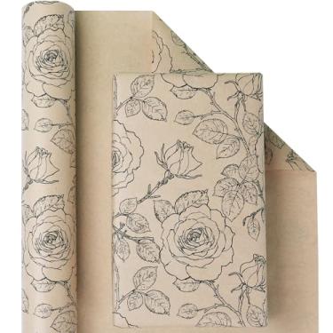 Imagem de Rolo de papel de embrulho floral Kraft, papel de embrulho rosa vintage, design de impressão rosa, papel de embrulho kraft marrom e preto para aniversário, dia das mães, chá de panela, chá de bebê