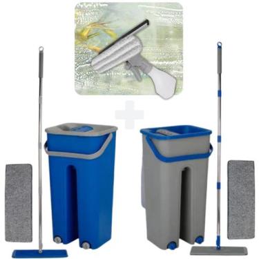 Imagem de Kit Mop Flat Giratório Balde Lava e Seca 2 Refis e 1 Rodinho Limpa Vid