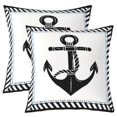 Imagem de jejeloiu Anchor Decor Capas de almofada reversíveis com tema náutico 40,6 x 40,6 cm, conjunto de 2 fronhas de navegação brancas para uso externo