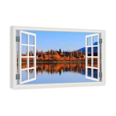 Imagem de PY3H69 Arte de parede em tela de janela aberta, impressão natural em tela. Lindo cenário de montanha 25,4 cm, decoração de parede de paisagem de janela, decoração de casa moderna. Moldura interna